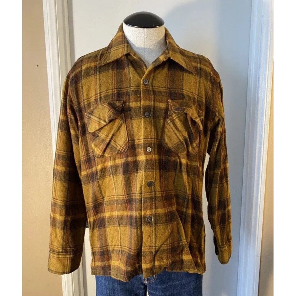 Vintage Mens‎ Brown Buffalo Plaid Long Sleeve Shirt Size Medium